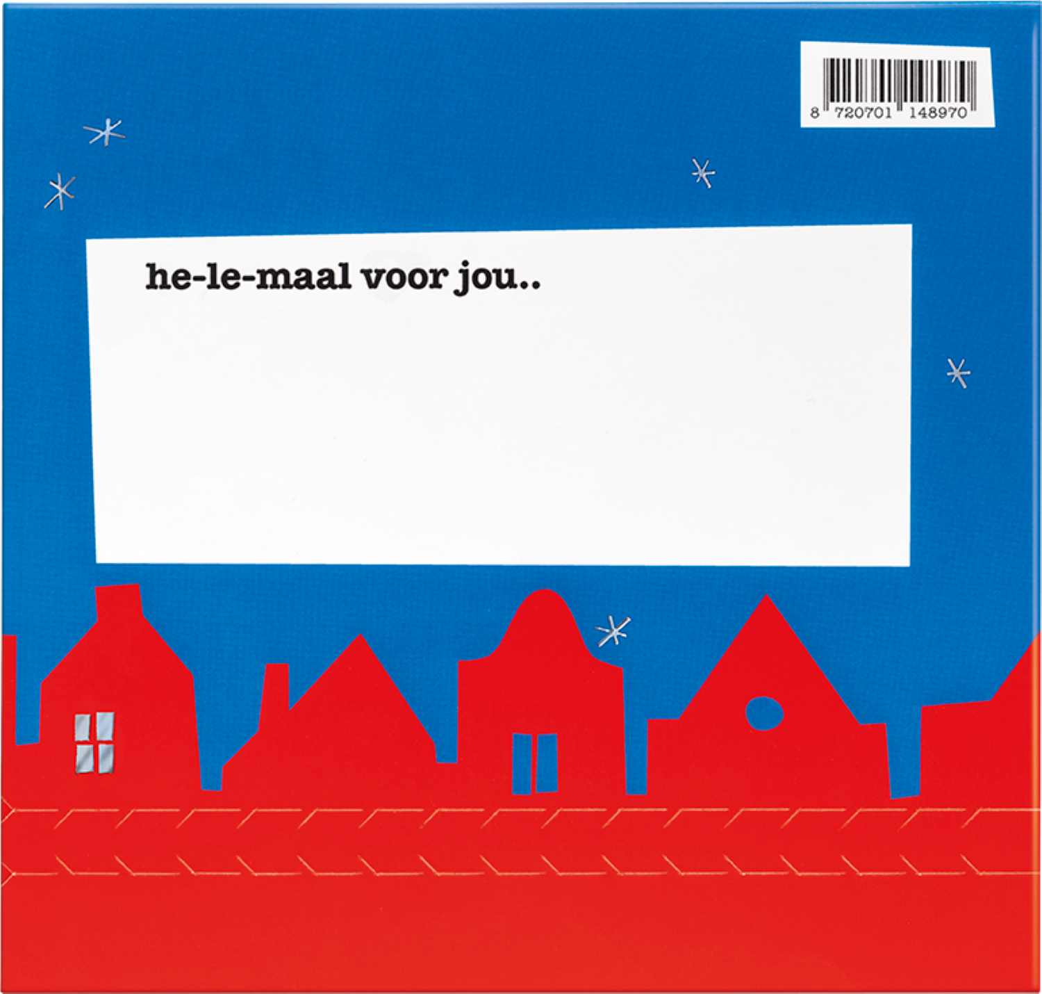 Achterkant van Tony’s Chocolonely Sinterklaas geschenkset met blanco schrijfvlak op de feestelijke hoes voor een persoonlijke boodschap.