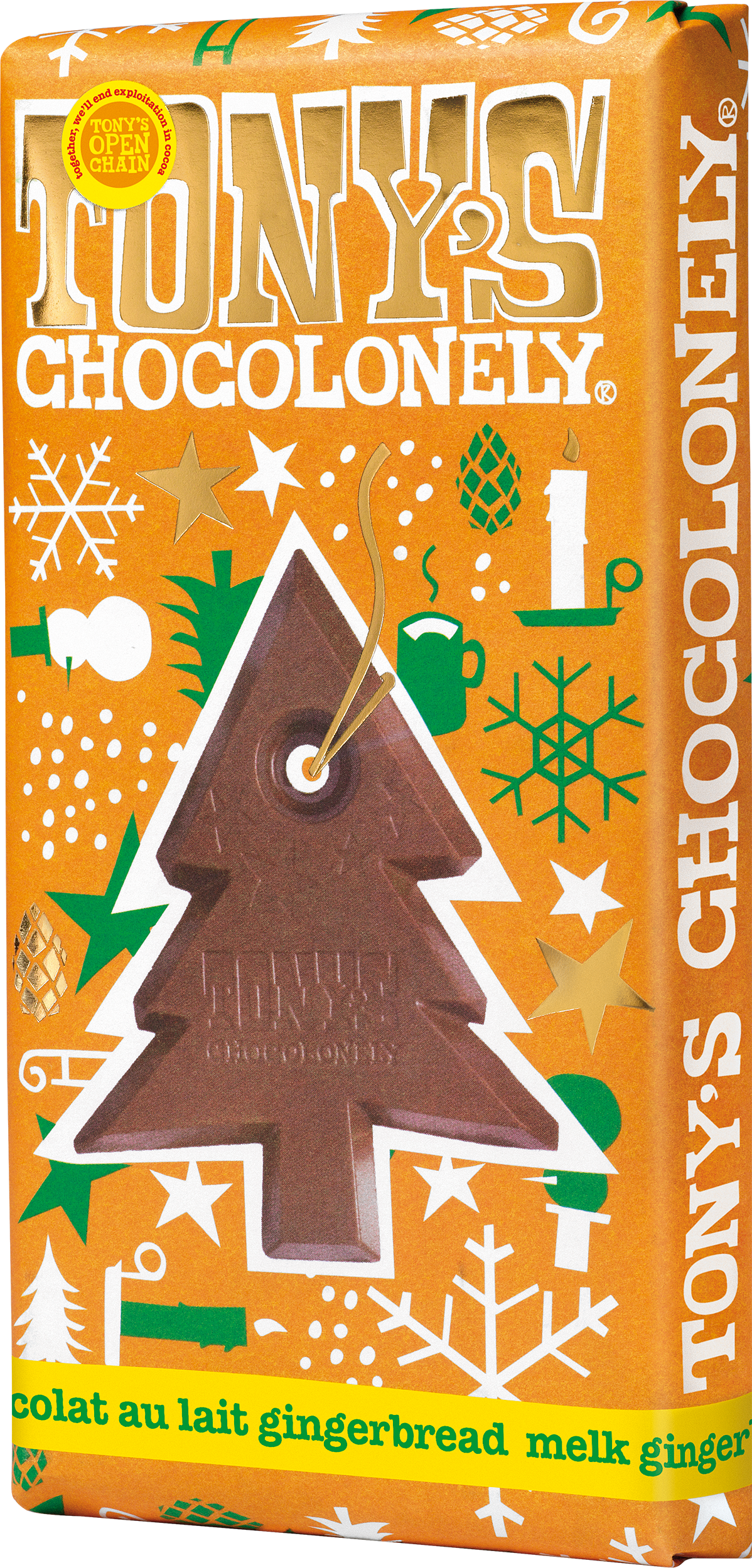 Schuine weergave van Tony’s Chocolonely melk gingerbread kerstreep in gouden feestwikkel met chocoladestuk in kerstboomvorm.