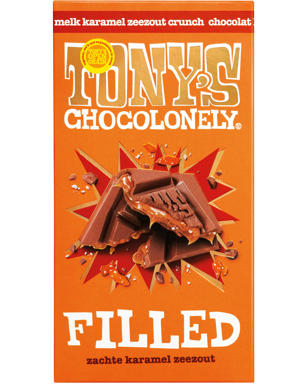 Tony’s Chocolonely gevulde chocolade reep melk karamel zeezout crunch – verpakking