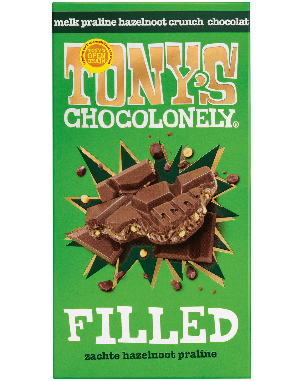 Tony’s Chocolonely gevulde chocolade reep melk praline hazelnoot crunch – verpakking