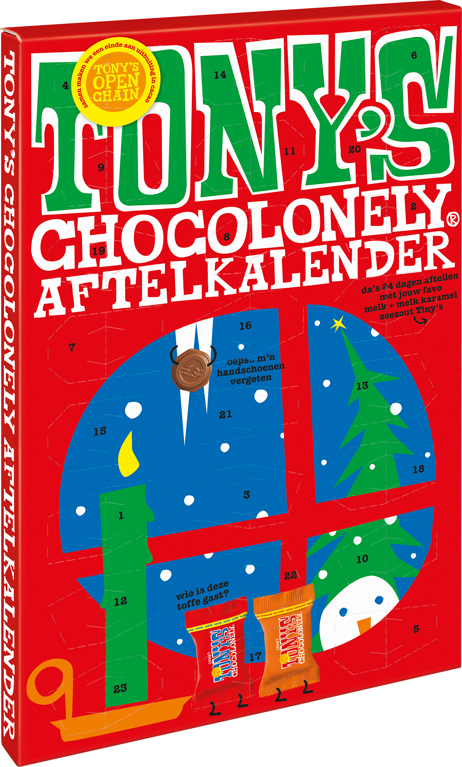 Schuine weergave van Tony’s Chocolonely kleine kerst adventskalender met rood feestelijk ontwerp en 24 mini chocolaatjes.