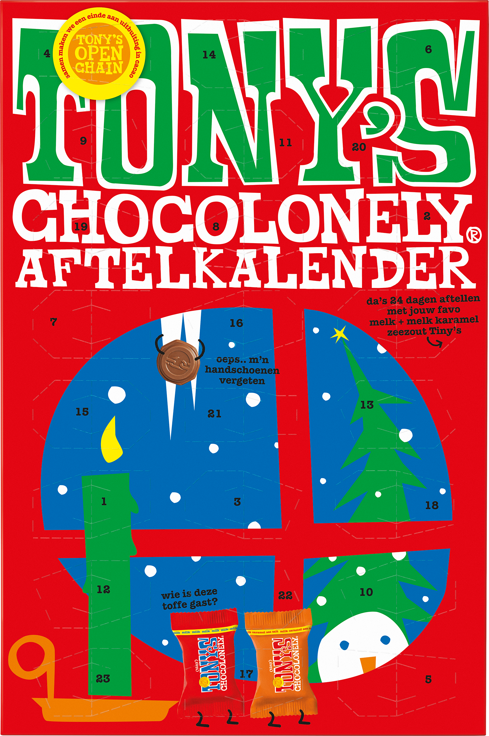 Kleine kerst adventskalender van Tony’s Chocolonely met kaars- en raamontwerp en 24 Tiny Tony’s chocolaatjes in 2 smaken.