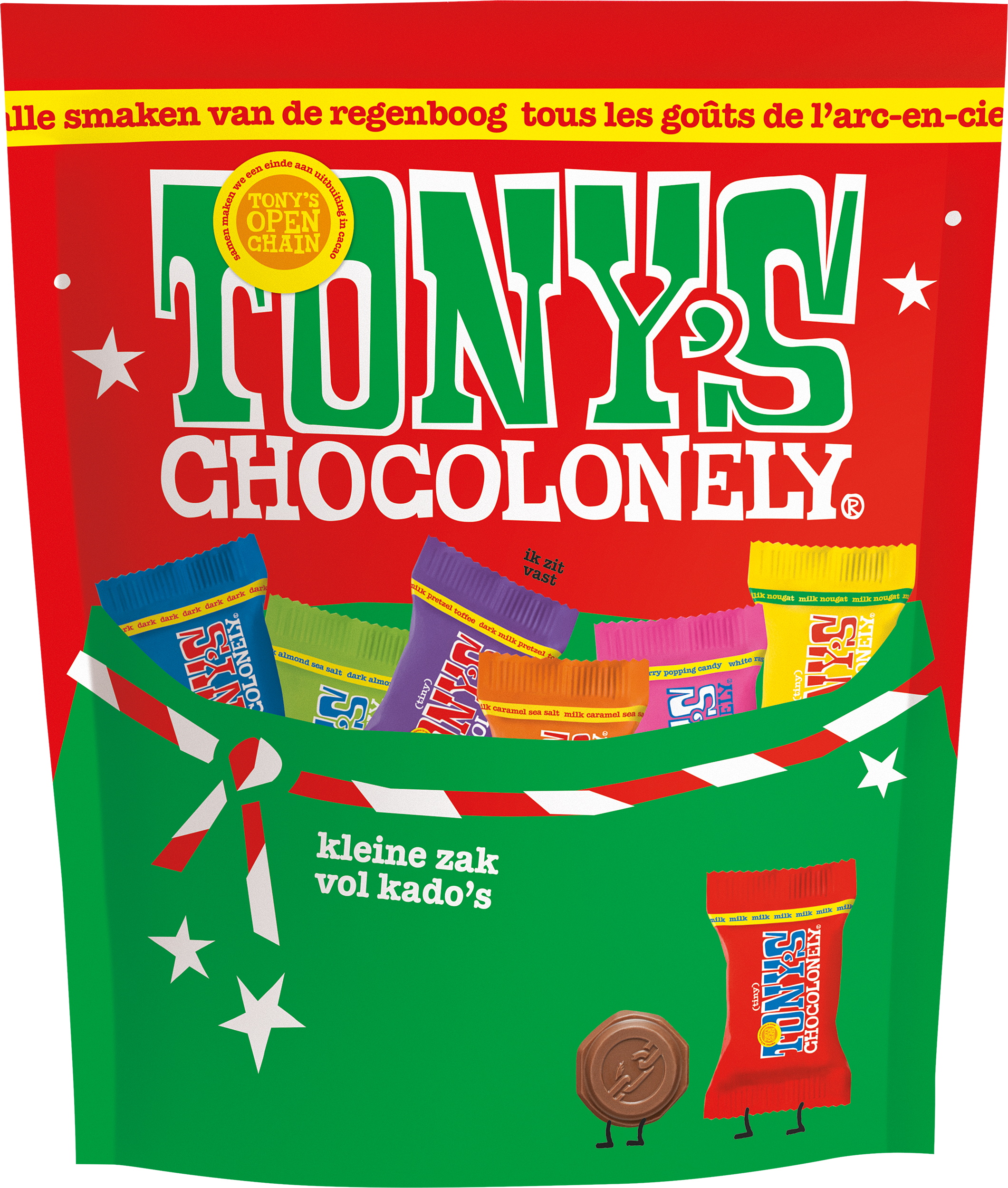Tiny Tony’s kerstchocolademixzak in groene feestzak met candy cane lintprint en feestelijke illustraties.
