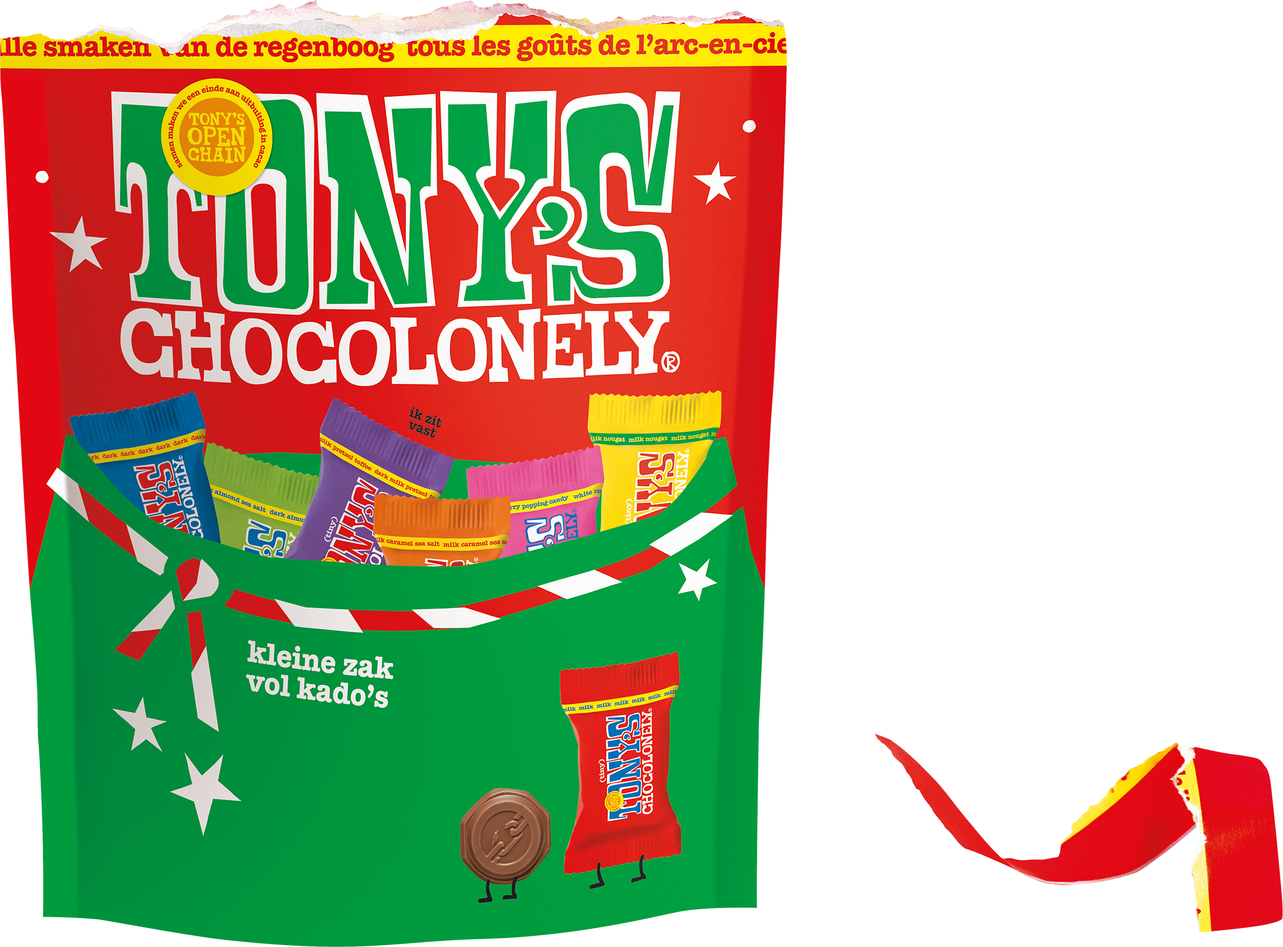Voorzijde van Tony’s Chocolonely kerstchocoladezak met feestelijke illustraties en het merklogo.