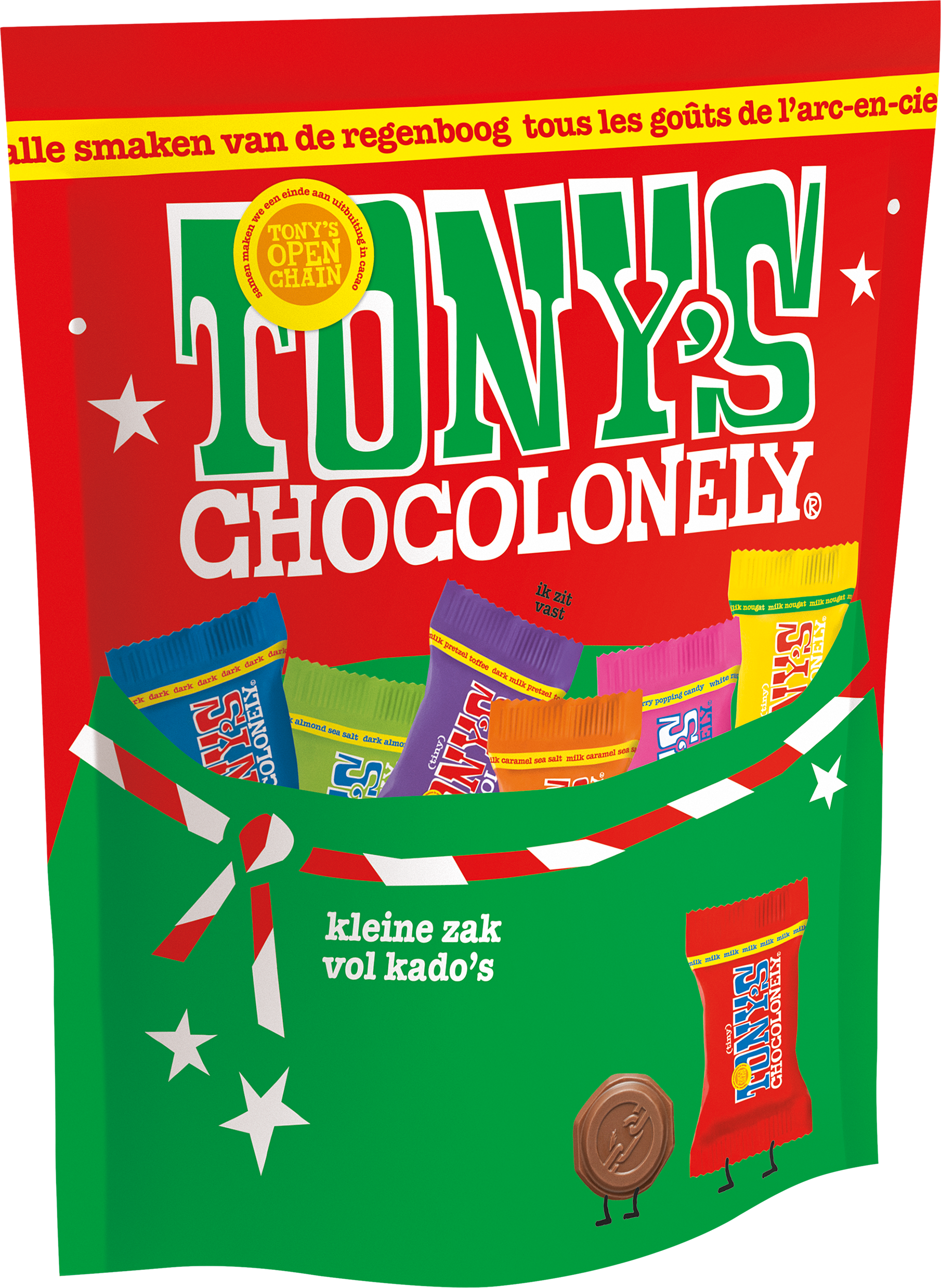 Schuine weergave van Tony’s Chocolonely Tiny Tony’s kerstchocolademixzak met kleurrijke mini chocolaatjes in feestelijke verpakking.