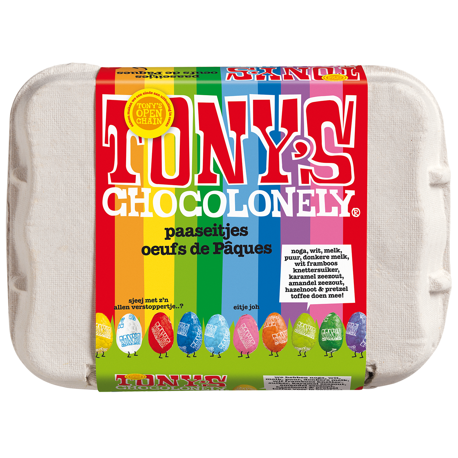 Kleine chocolade paaseitjesdoos, bovenaanzicht van gesloten doos met regenboogwikkel