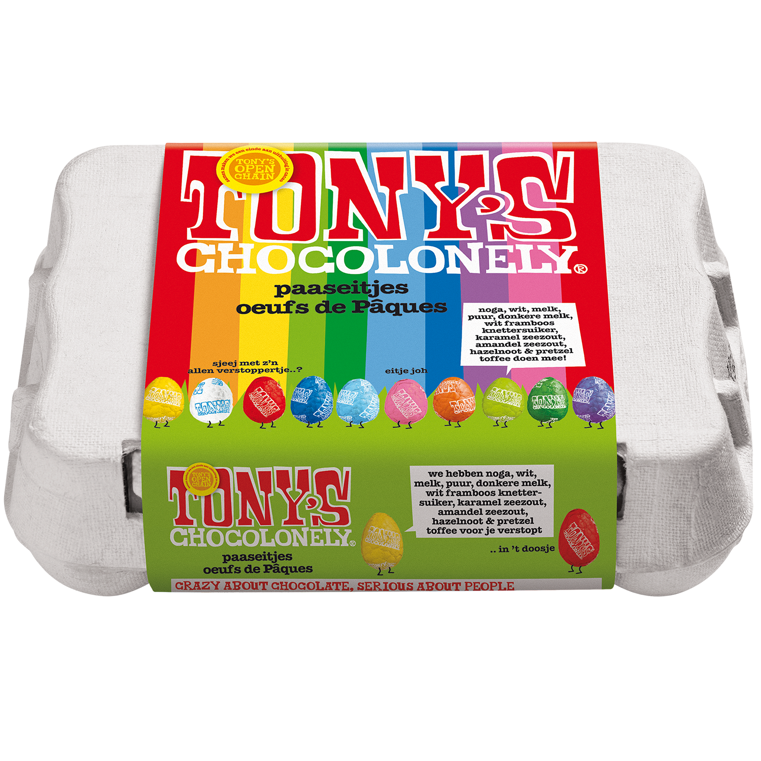 Kleine chocolade paaseitjesdoos, schuin bovenaanzicht van gesloten doos met regenboogwikkel