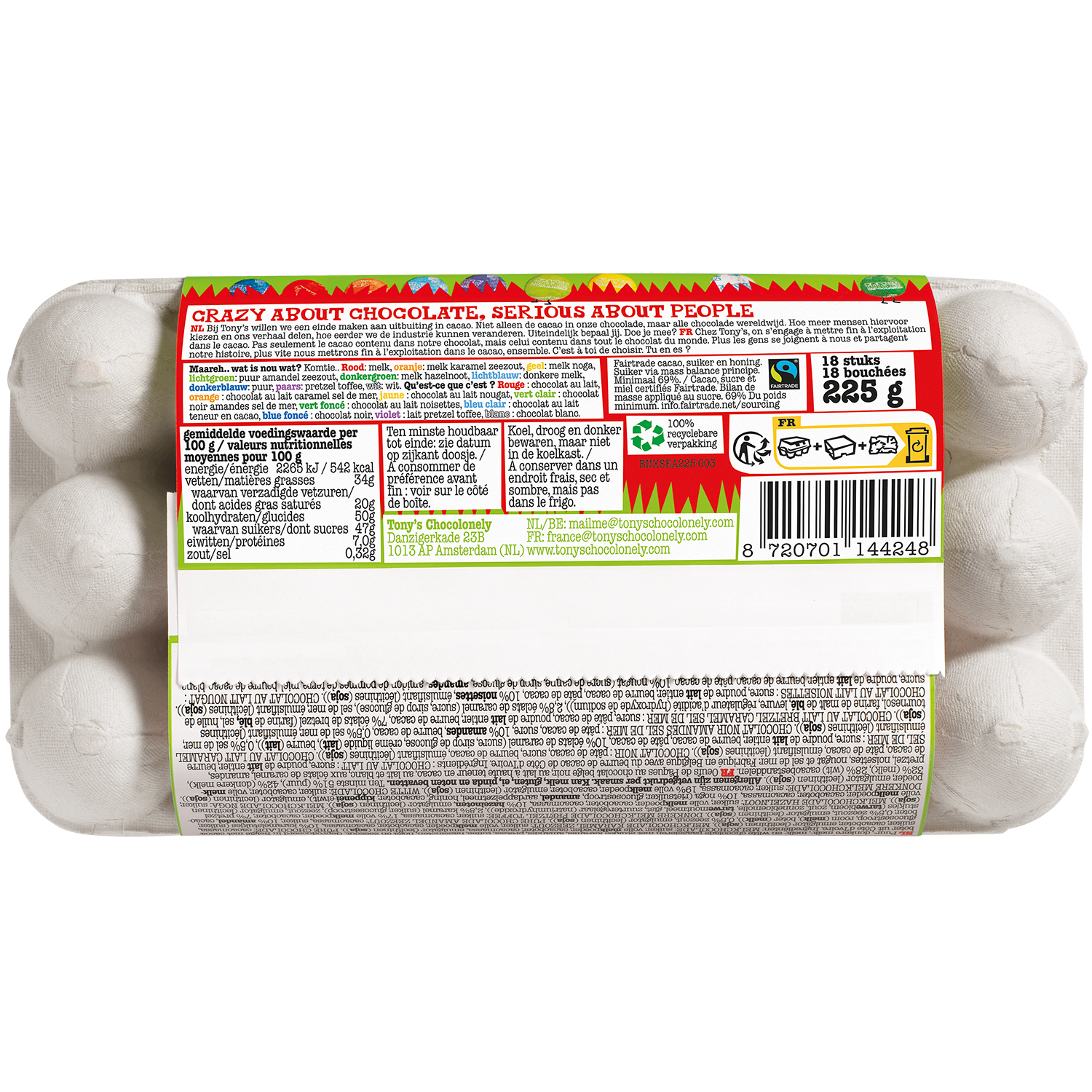 Achterkant van grote chocolade paaseitjesdoos met ingrediënten, voedingswaarden en barcode