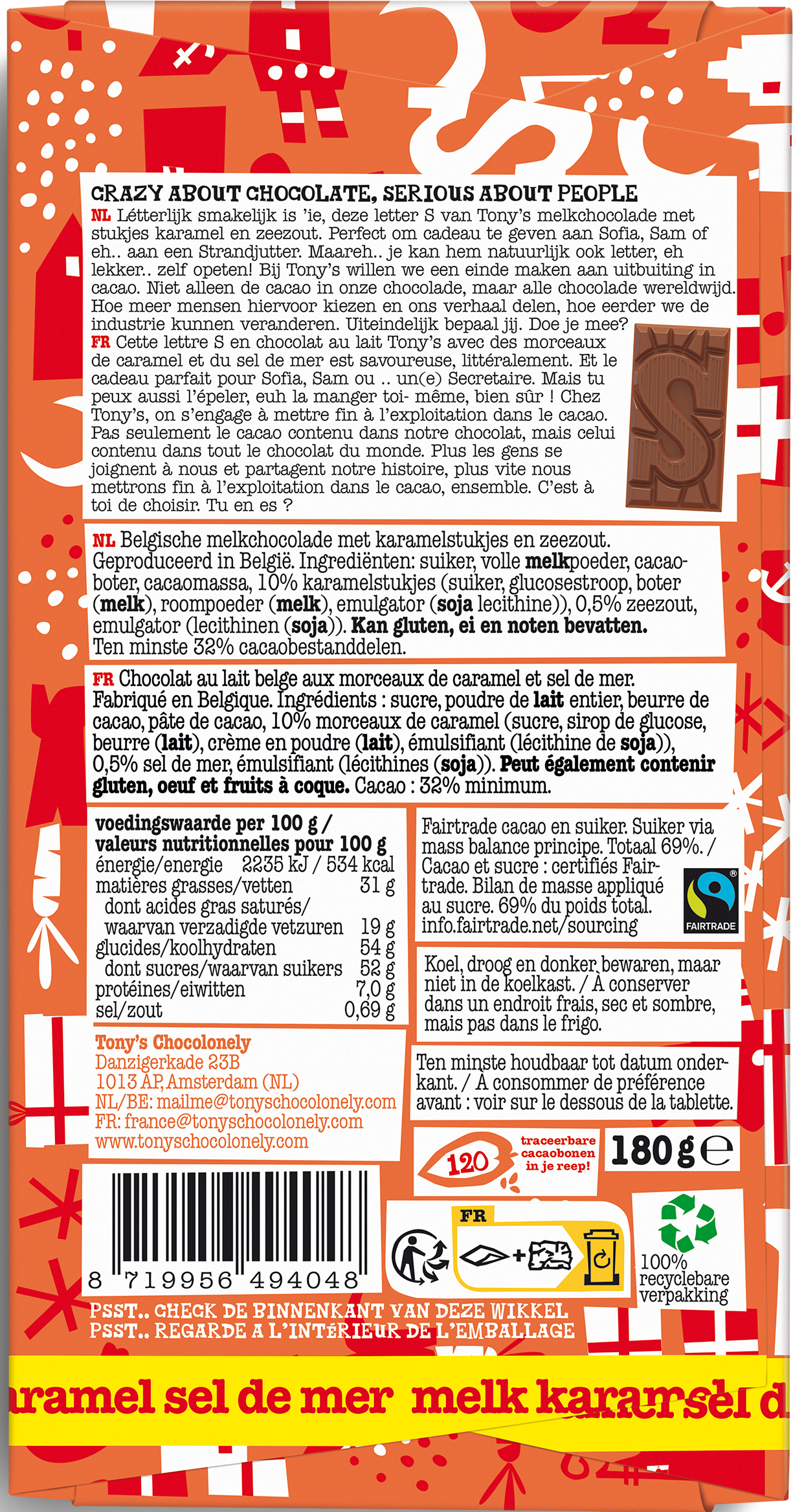 Achterkant van Tony’s Chocolonely melk karamel-zeezout chocoladeletter S voor Sinterklaas met ingrediënten, voedingswaarden en Fairtrade-details.