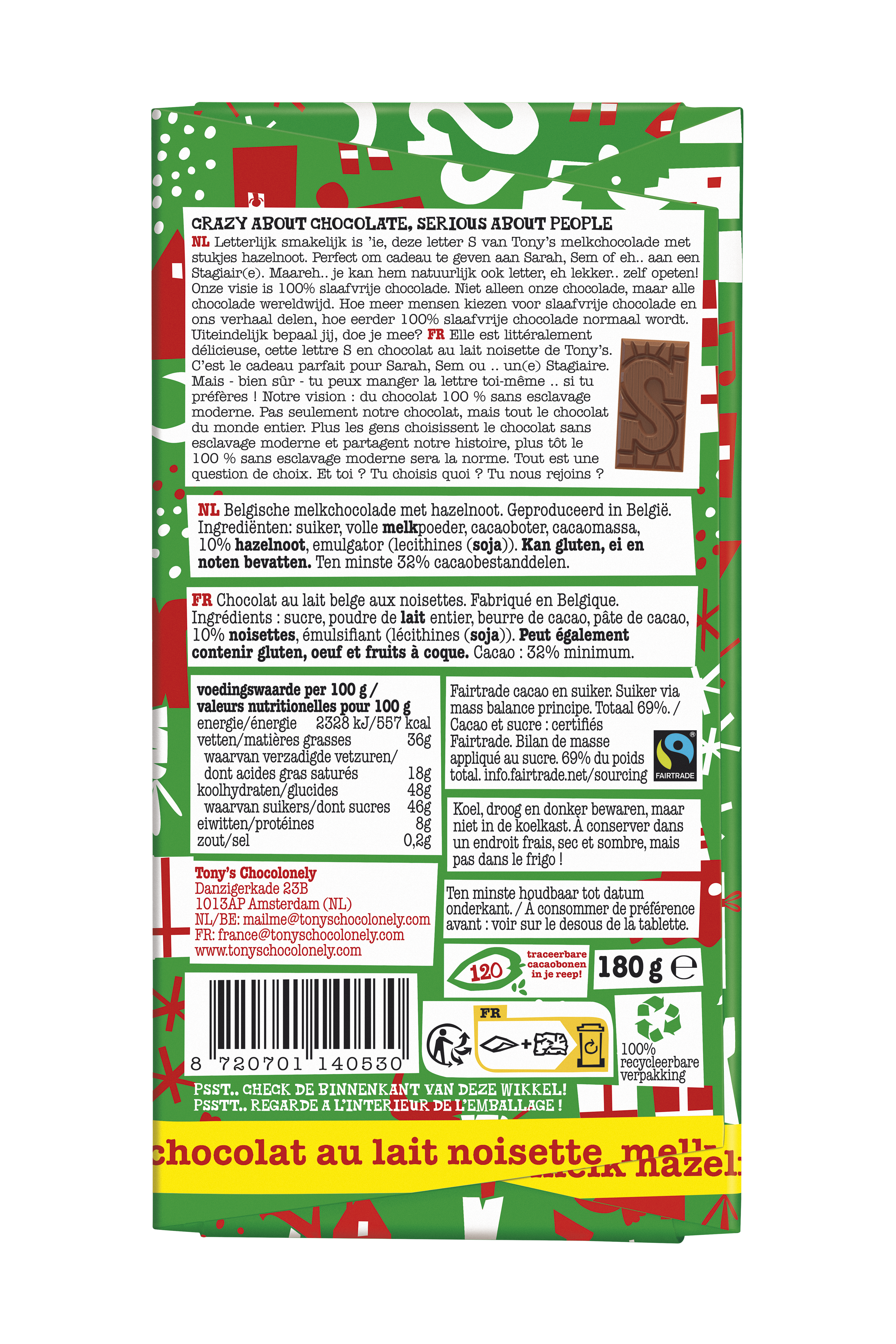 Achterkant van Tony’s Chocolonely melk chocolade hazelnoot letter S voor Sinterklaas met ingrediënten, voedingswaarden en Fairtrade-details.