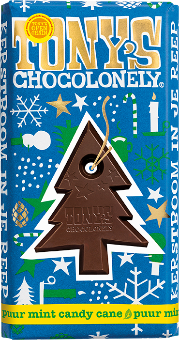 Pure chocolade mint candy cane kerstreep van Tony’s Chocolonely in blauwe feestwikkel met uitsnede in kerstboomvorm.