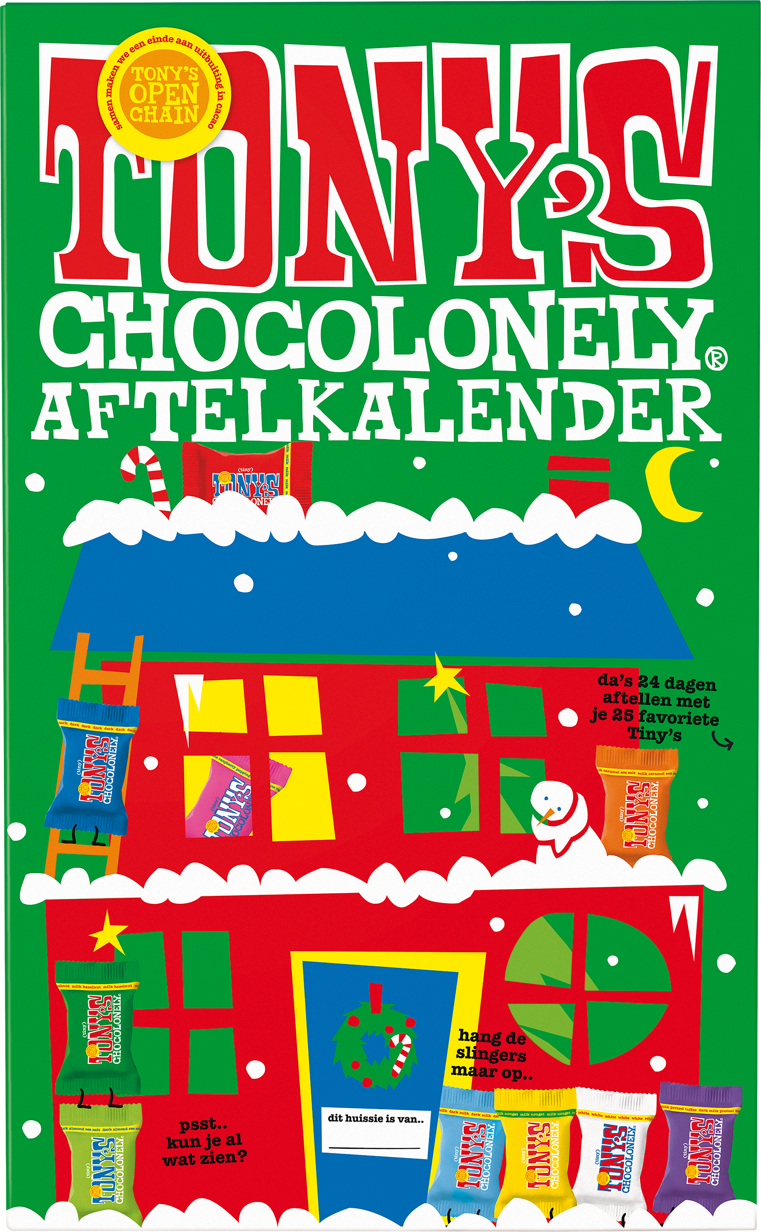 Kerst adventskalender van Tony’s Chocolonely met kleurrijk huisontwerp op groene achtergrond en 24 Tiny Tony’s chocolaatjes erin.