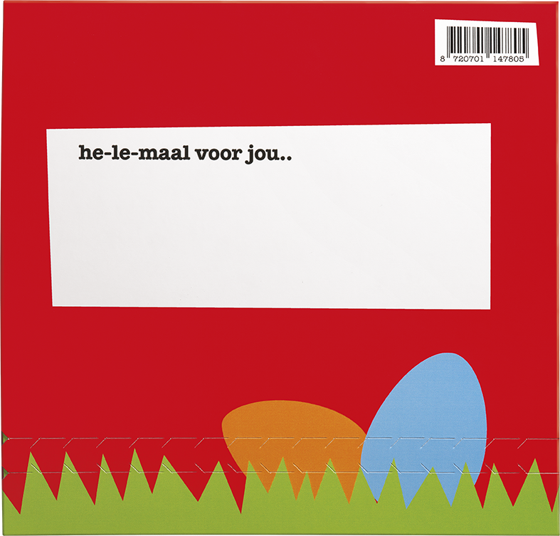 Achterkant van Paaskadoos Pasen met schrijfvlak voor een boodschap