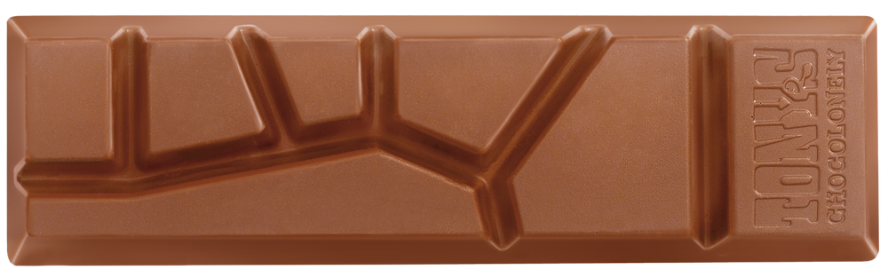 Kleine melk chocolade pepernoot reep van Tony’s Chocolonely voor Sinterklaas getoond onverpakt.