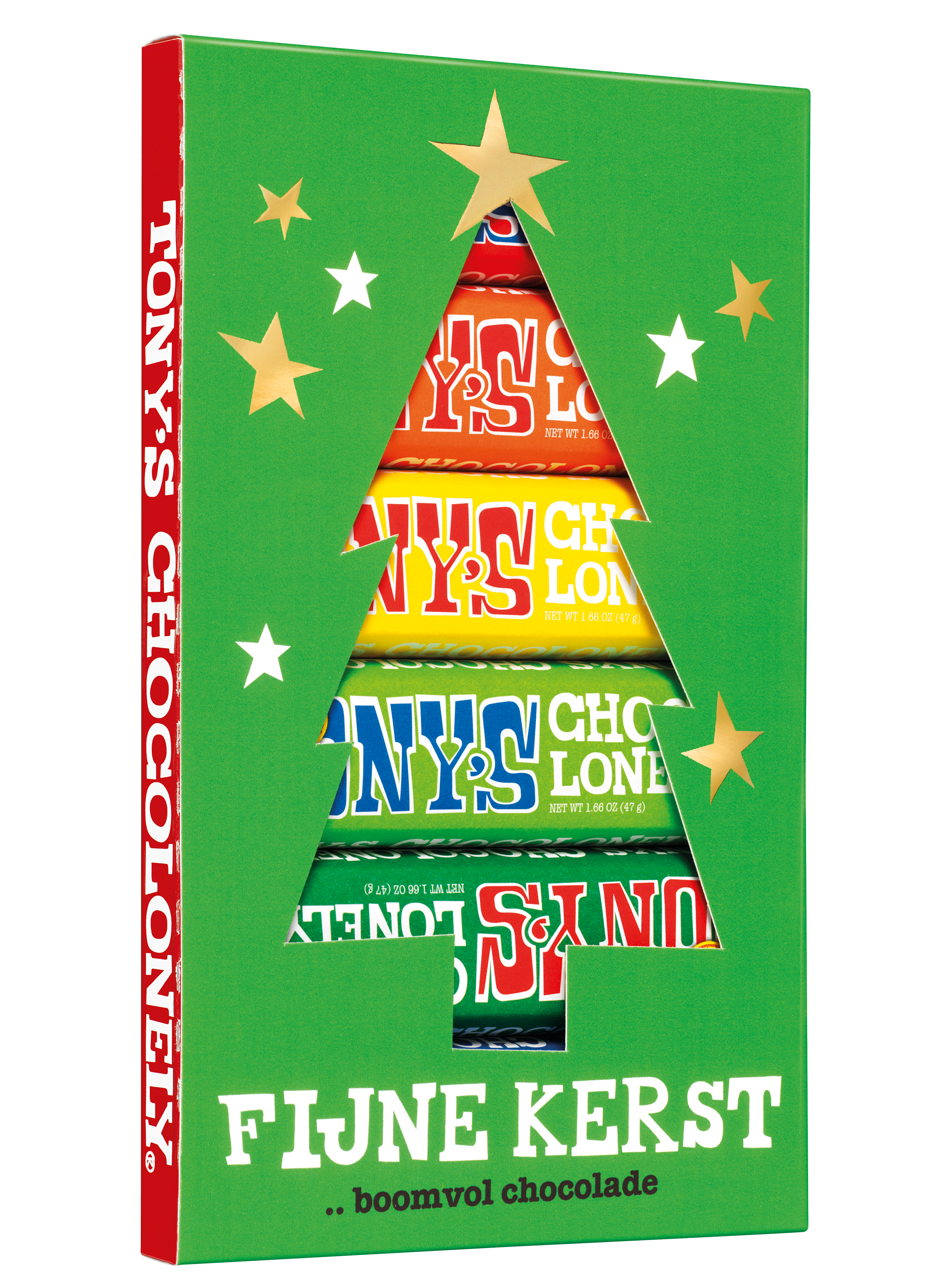 Kerstproefpakket van Tony’s Chocolonely in kerstboomvorm met zes kleurrijke mini chocoladerepen in smaken zoals melk karamel-zeezout.