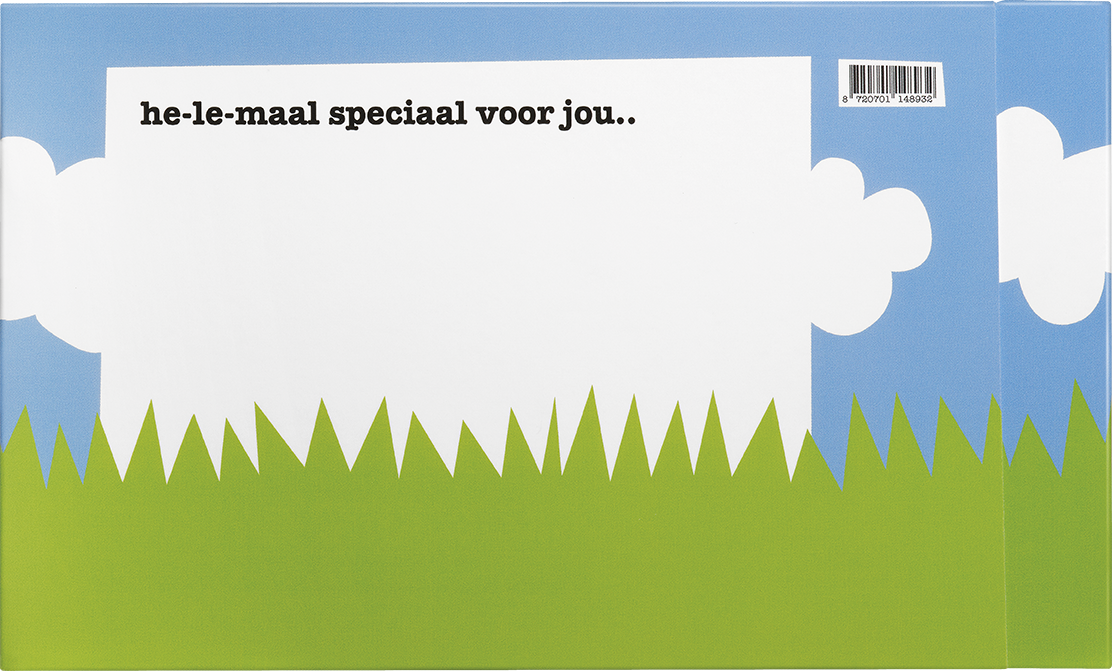 Achterkant van paasproeverij met zes chocoladerepen, schrijfvlak voor een boodschap en barcode