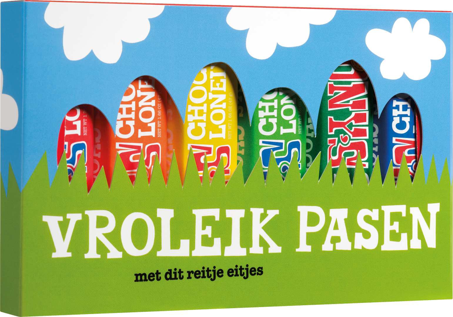 Gesloten paasproeverij met zes chocoladerepen, vooraanzicht “Vrolijk Pasen”